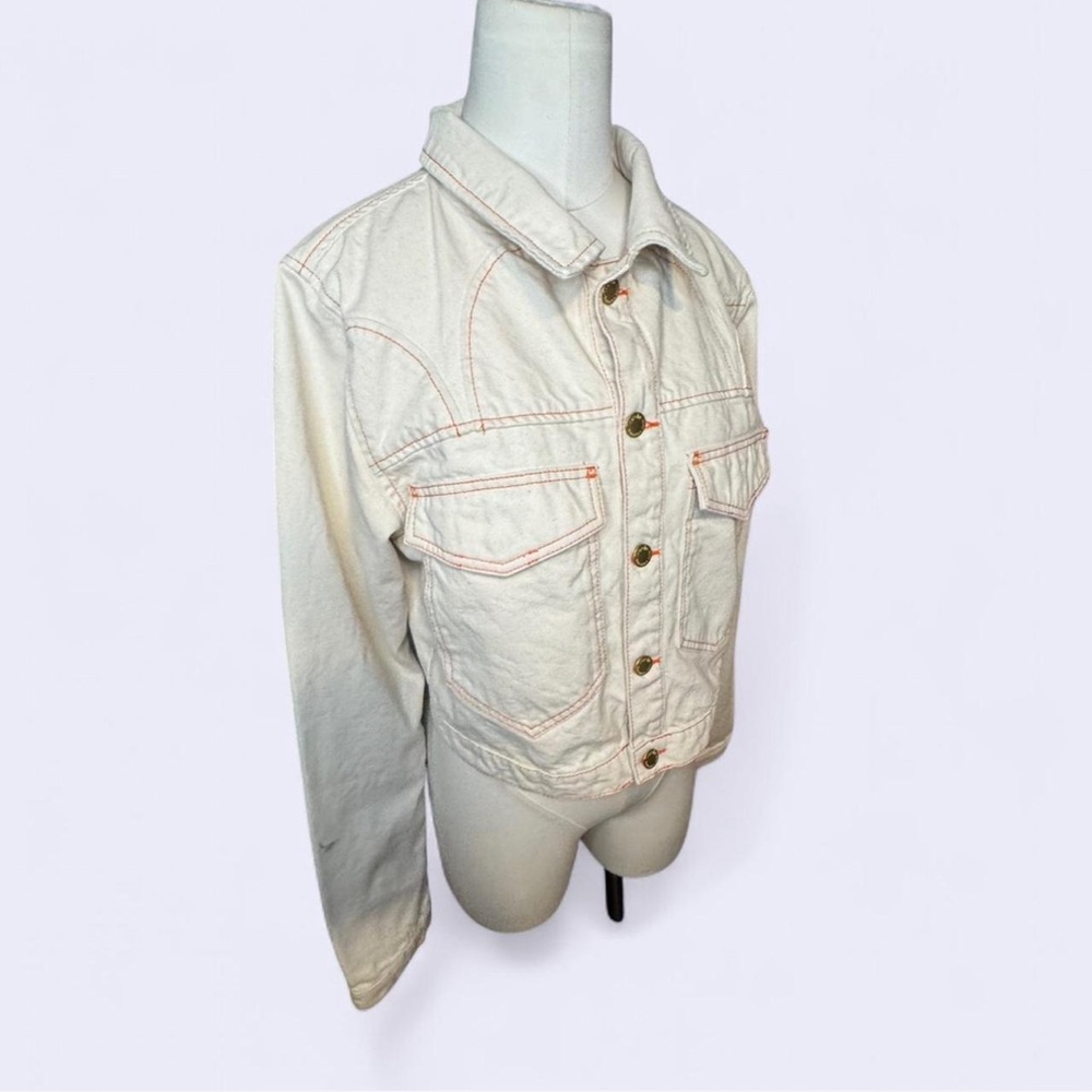 Triarchy Ivory stirrup cropped Jean Jacket orange topstitch
